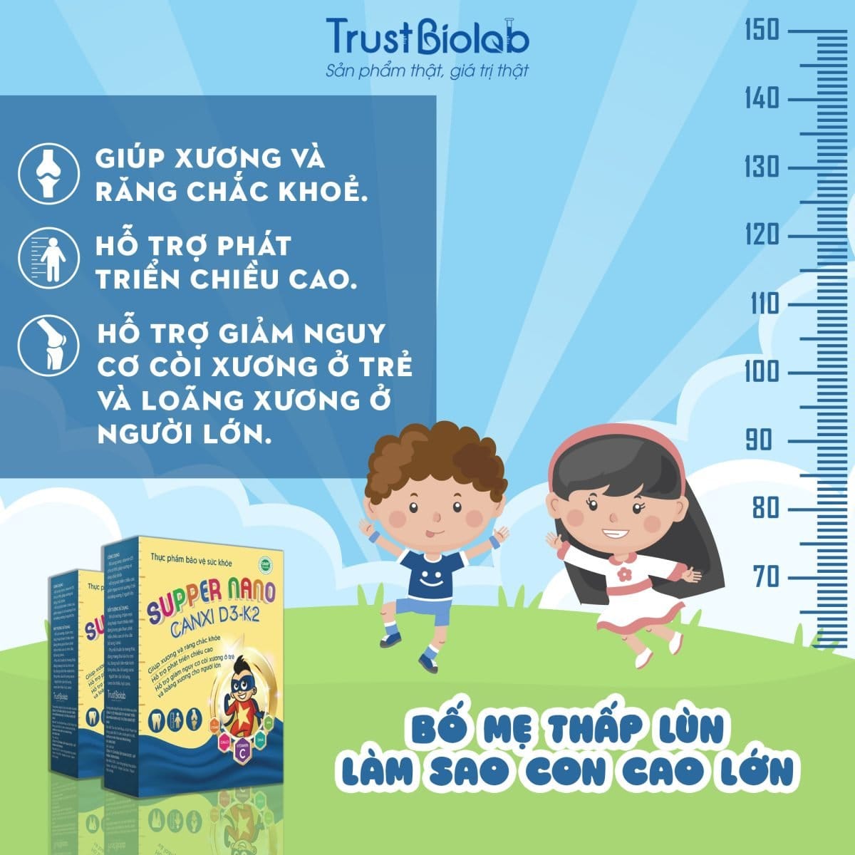 SUPPER NANO CANXI D3K2 - CANXI HỮU CƠ D3K2 Bổ sung canxi, Vitamin D3 Hỗ trợ phát triển cao, giảm nguy cơ còi xương ở trẻ và loãng xương ở người lớn, răng chắc khỏe