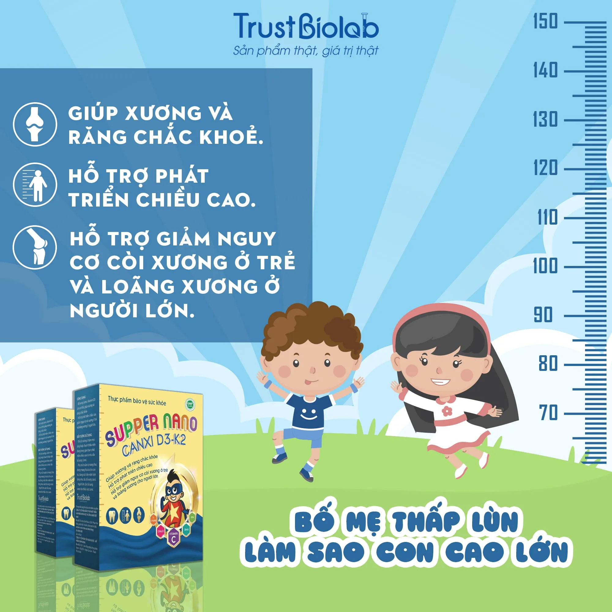Thực phẩm bảo vệ sức khỏe Supper Nano Canxi D3K2 Bổ sung canxi, Vitamin D3 cho cơ thể giúp xương và răng chắc khỏe; Hỗ trợ phát triển cao, giảm nguy cơ còi xương ở trẻ và loãng xương ở người lớn