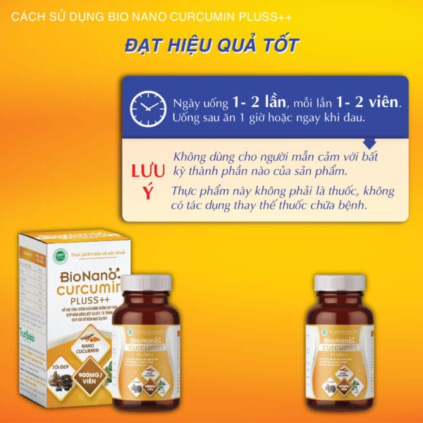 Thực phẩm bảo vệ sức khỏe Bionanocurcumin pluss++ Hỗ trợ tăng cường khả năng chống oxy hoá, Giúp bảo vệ niêm mạc dạ dày, giảm viêm loét dạ dày tá tràng, Hỗ trợ mau lành vết loét.