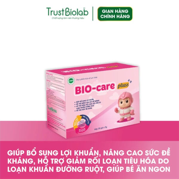 Thực phẩm bảo vệ sức khỏe Cốm vi sinh Biocare Pluss++ Bổ sung vi khuẩn có ích, hỗ trợ duy trì hệ vi sinh đường ruột, tăng cường hấp thu, giúp ăn ngon miệng. Hỗ trợ làm giảm rối loạn tiêu hoá do loạn khuẩn đường ruột. Hỗ trợ nâng cao sức đề kháng