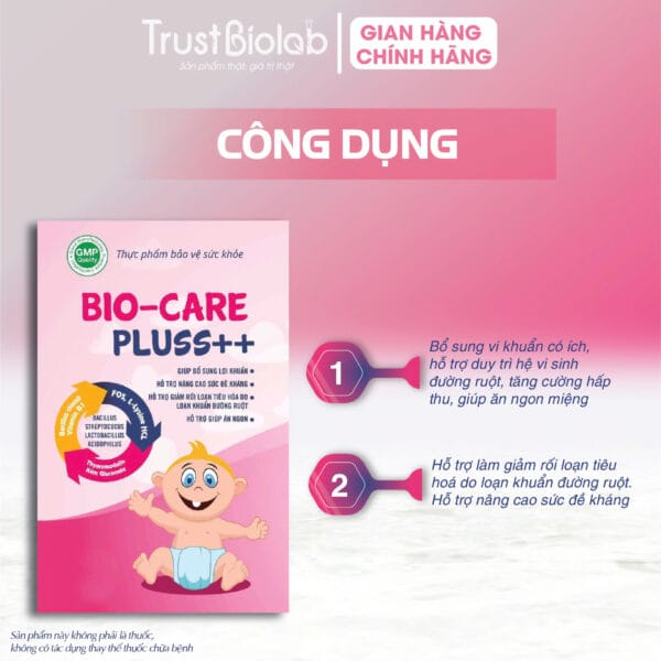 Thực phẩm bảo vệ sức khỏe MEN VI SINH BIOCARE Pluss++ Bổ sung vi khuẩn có ích, hỗ trợ duy trì hệ vi sinh đường ruột, tăng cường hấp thu, giúp ăn ngon miệng. Hỗ trợ làm giảm rối loạn tiêu hoá do loạn khuẩn đường ruột. Hỗ trợ nâng cao sức đề kháng