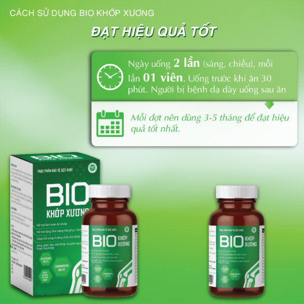 Thực phẩm bảo vệ sức khỏe Bio Khớp Xương Giúp bổ sung dưỡng chất cho khớp, hỗ trợ làm trơn ổ khớp, giúp khớp vận động linh hoạt, giảm đau mỏi khớp, Hỗ trợ tăng khả năng phục hồi khớp, giảm nguy cơ thoái hoá khớp.
