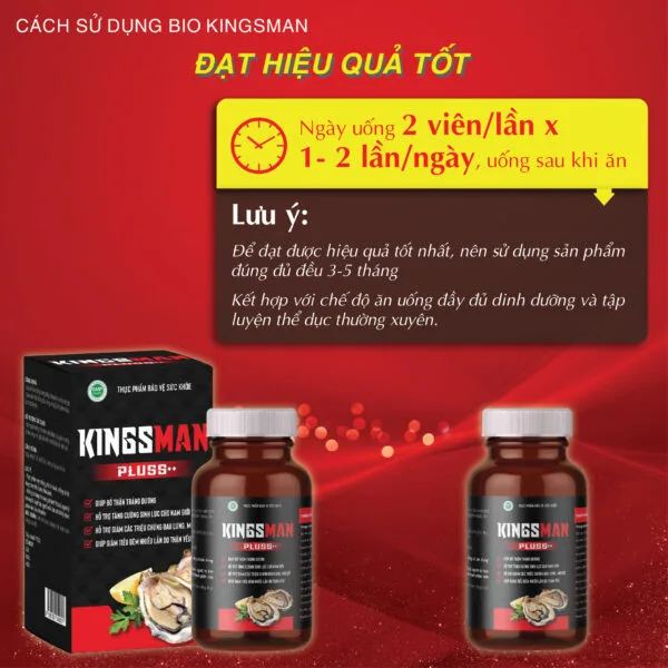 Thực phẩm bảo vệ sức khỏe KINGSMAN Pluss++ Giúp bổ thận, tráng dương, tăng cường sinh lực cho nam giới.  Hỗ trợ giảm các triệu chứng đau lưng, mỏi gối, tiểu đêm nhiều lần do thận yếu.