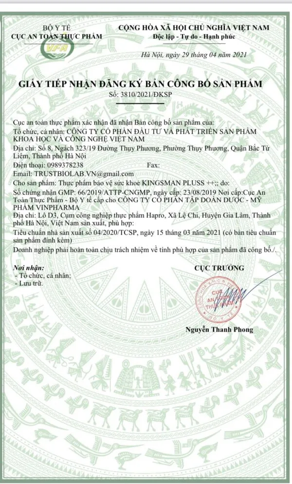 Thực phẩm bảo vệ sức khỏe KINGSMAN Pluss++ Giúp bổ thận, tráng dương, tăng cường sinh lực cho nam giới.  Hỗ trợ giảm các triệu chứng đau lưng, mỏi gối, tiểu đêm nhiều lần do thận yếu.