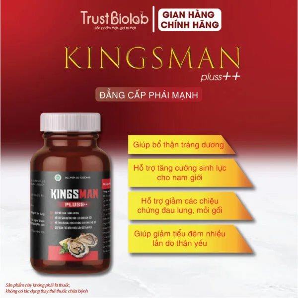Thực phẩm bảo vệ sức khỏe KINGSMAN Pluss++ Giúp bổ thận, tráng dương, tăng cường sinh lực cho nam giới.  Hỗ trợ giảm các triệu chứng đau lưng, mỏi gối, tiểu đêm nhiều lần do thận yếu.