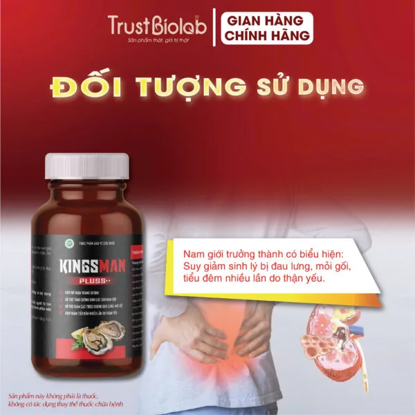 Thực phẩm bảo vệ sức khỏe KINGSMAN Pluss++ Giúp bổ thận, tráng dương, tăng cường sinh lực cho nam giới.  Hỗ trợ giảm các triệu chứng đau lưng, mỏi gối, tiểu đêm nhiều lần do thận yếu.