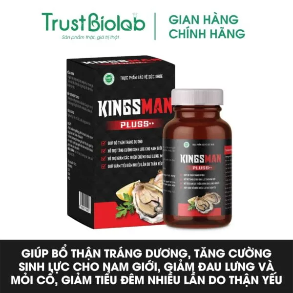 Thực phẩm bảo vệ sức khỏe KINGSMAN Pluss++ Giúp bổ thận, tráng dương, tăng cường sinh lực cho nam giới.  Hỗ trợ giảm các triệu chứng đau lưng, mỏi gối, tiểu đêm nhiều lần do thận yếu.