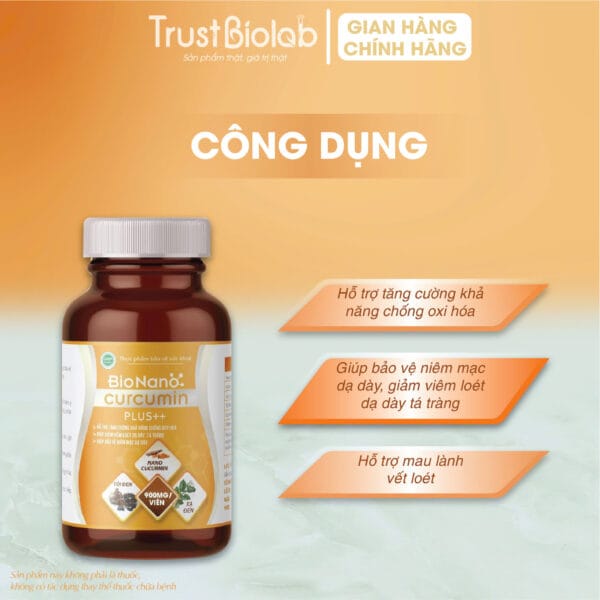 Thực phẩm bảo vệ sức khỏe Bionanocurcumin pluss++ Hỗ trợ tăng cường khả năng chống oxy hoá, Giúp bảo vệ niêm mạc dạ dày, giảm viêm loét dạ dày tá tràng, Hỗ trợ mau lành vết loét.