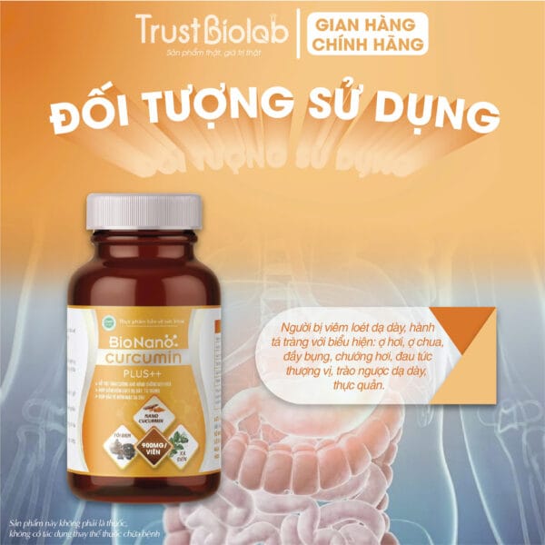 Thực phẩm bảo vệ sức khỏe Bionanocurcumin pluss++ Hỗ trợ tăng cường khả năng chống oxy hoá, Giúp bảo vệ niêm mạc dạ dày, giảm viêm loét dạ dày tá tràng, Hỗ trợ mau lành vết loét.