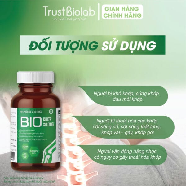 Thực phẩm bảo vệ sức khỏe Bio Khớp Xương Giúp bổ sung dưỡng chất cho khớp, hỗ trợ làm trơn ổ khớp, giúp khớp vận động linh hoạt, giảm đau mỏi khớp, Hỗ trợ tăng khả năng phục hồi khớp, giảm nguy cơ thoái hoá khớp.