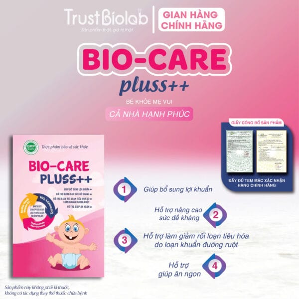 Thực phẩm bảo vệ sức khỏe MEN VI SINH BIOCARE Pluss++ Bổ sung vi khuẩn có ích, hỗ trợ duy trì hệ vi sinh đường ruột, tăng cường hấp thu, giúp ăn ngon miệng. Hỗ trợ làm giảm rối loạn tiêu hoá do loạn khuẩn đường ruột. Hỗ trợ nâng cao sức đề kháng