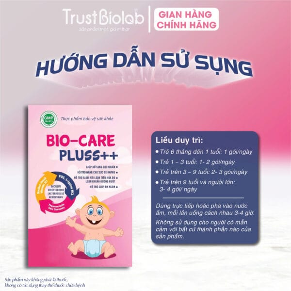 Thực phẩm bảo vệ sức khỏe MEN VI SINH BIOCARE Pluss++ Bổ sung vi khuẩn có ích, hỗ trợ duy trì hệ vi sinh đường ruột, tăng cường hấp thu, giúp ăn ngon miệng. Hỗ trợ làm giảm rối loạn tiêu hoá do loạn khuẩn đường ruột. Hỗ trợ nâng cao sức đề kháng