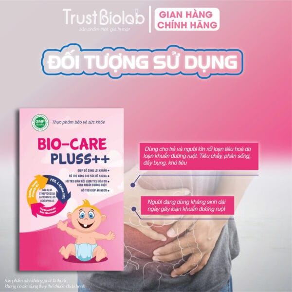Thực phẩm bảo vệ sức khỏe MEN VI SINH BIOCARE Pluss++ Bổ sung vi khuẩn có ích, hỗ trợ duy trì hệ vi sinh đường ruột, tăng cường hấp thu, giúp ăn ngon miệng. Hỗ trợ làm giảm rối loạn tiêu hoá do loạn khuẩn đường ruột. Hỗ trợ nâng cao sức đề kháng