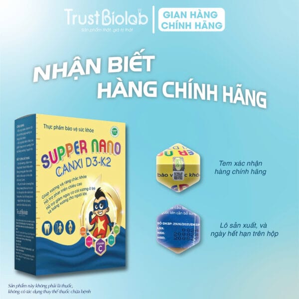 Thực phẩm bảo vệ sức khỏe SUPPER NANO CANXI D3K2 Bổ sung canxi, Vitamin D3 cho cơ thể giúp xương và răng chắc khỏe; Hỗ trợ phát triển cao, giảm nguy cơ còi xương ở trẻ và loãng xương ở người lớn