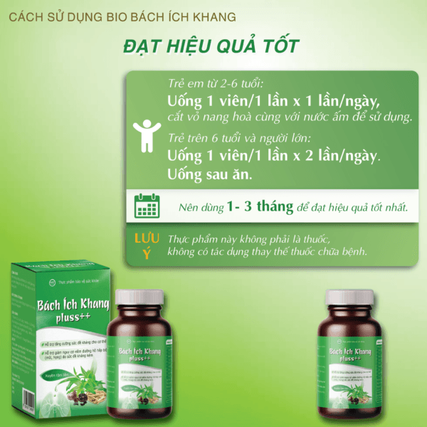 Thực phẩm bảo vệ sức khỏe Bách Ích Khang pluss++ Hỗ trợ tăng cường sức đề kháng cho cơ thể,  Hỗ trợ giảm nguy cơ viêm đường hô hấp trên (mũi, họng) do sức đề kháng kém