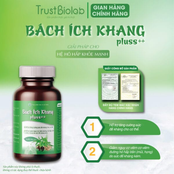 Thực phẩm bảo vệ sức khỏe Bách Ích Khang pluss++ Hỗ trợ tăng cường sức đề kháng cho cơ thể,  Hỗ trợ giảm nguy cơ viêm đường hô hấp trên (mũi, họng) do sức đề kháng kém