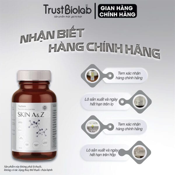Thực phẩm bảo vệ sức khỏe Viên uống đẹp da Skin A&Z Hỗ trợ làm sáng đẹp da, tăng đàn hồi, tăng độ ẩm. Hỗ trợ giảm các triệu chứng nám sạm da, nhăn da, khô da.