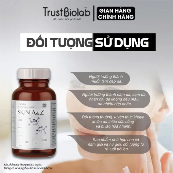 Thực phẩm bảo vệ sức khỏe Viên uống đẹp da Skin A&Z Hỗ trợ làm sáng đẹp da, tăng đàn hồi, tăng độ ẩm. Hỗ trợ giảm các triệu chứng nám sạm da, nhăn da, khô da.